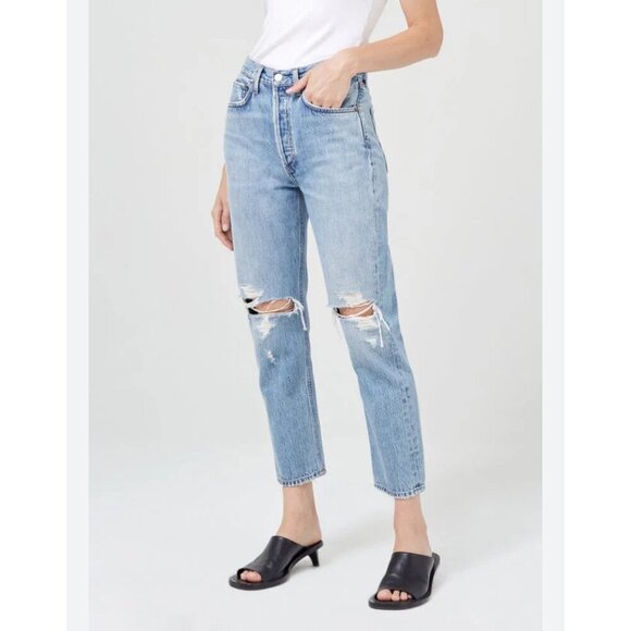 Agolde Riley Highrise crop distressed jeans, blue, size 26 N58 - Picture 1 of 12
